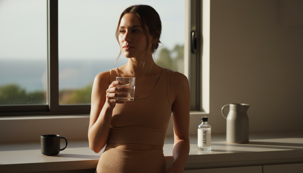 A young woman in soft activewear holds a glass of water beside a sun-lit kitchen window — visual for the hydration article