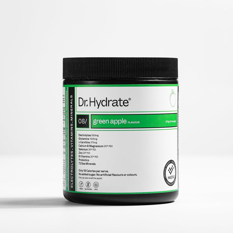 Dr. Hydrate Green Apple, all-in-one electrolyte powder with 11 vitamins and minerals, HASTA certified