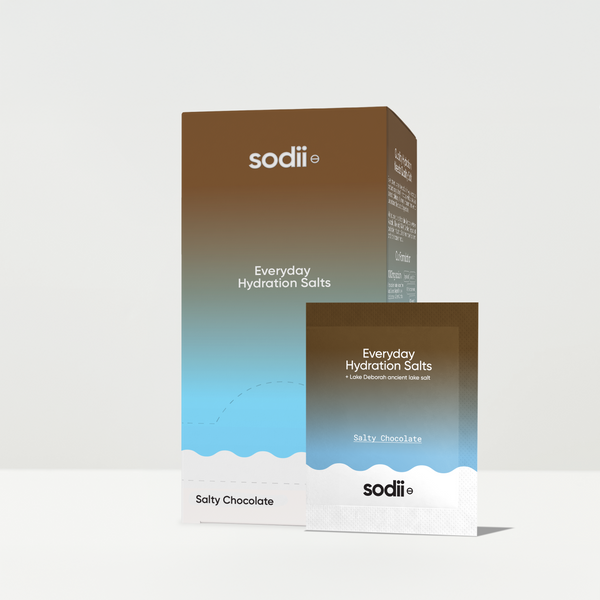 Sodii Salty Chocolate high-sodium electrolyte sachets, 1000mg sodium per serve, HASTA certified