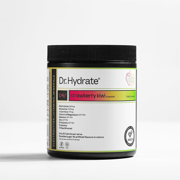 Dr. Hydrate Strawberry Kiwi, all-in-one electrolyte powder with 11 vitamins and minerals, HASTA certified
