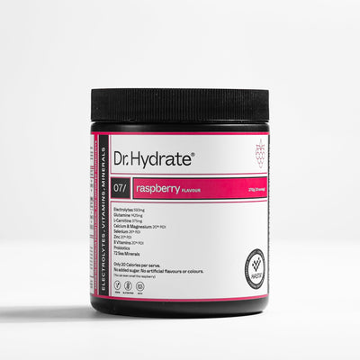 Dr. Hydrate Raspberry, all-in-one electrolyte powder with 11 vitamins and minerals, HASTA certified