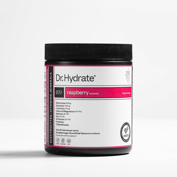 Dr. Hydrate Raspberry, all-in-one electrolyte powder with 11 vitamins and minerals, HASTA certified