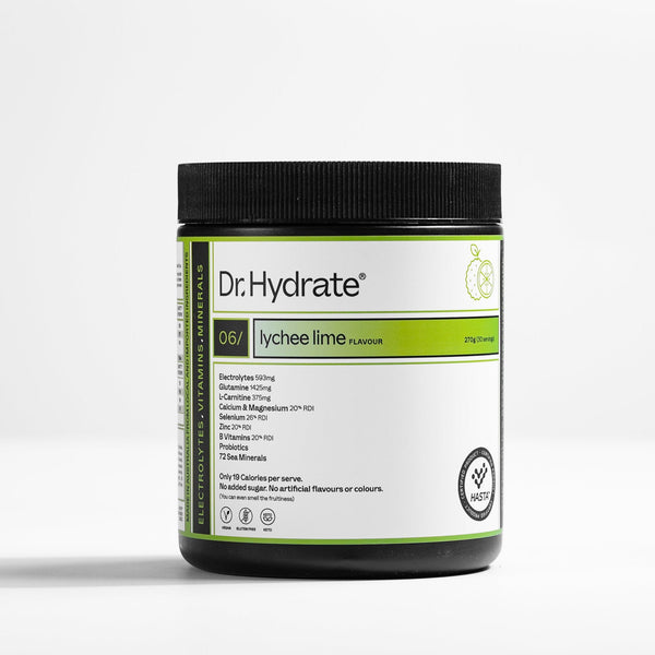 Dr. Hydrate Lychee Lime, all-in-one electrolyte powder with 11 vitamins and minerals, HASTA certified