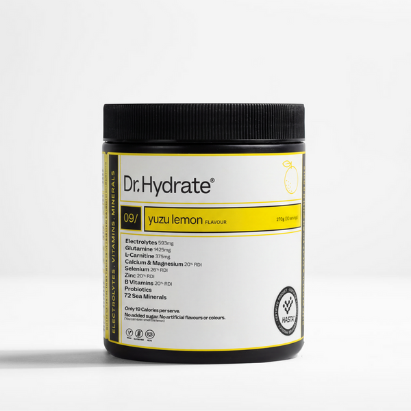 Dr. Hydrate Yuzu Lemon, all-in-one electrolyte powder with 11 vitamins and minerals, HASTA certified