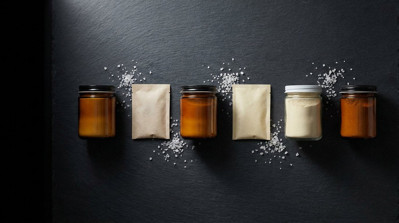 Editorial lineup of premium electrolyte powder containers and sachets on dark slate